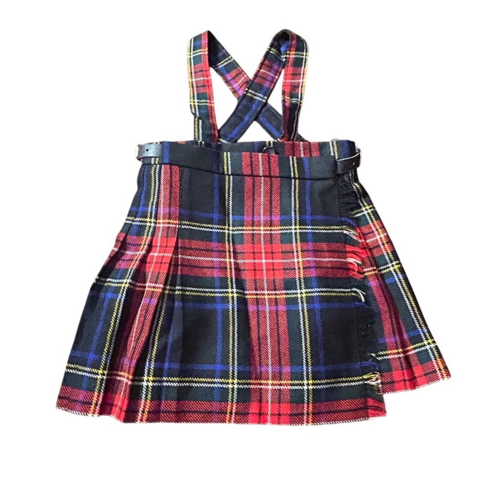 Vintage Highland Plaid Wool Pinafore Skirt Suspender Scotland Holiday Christmas
